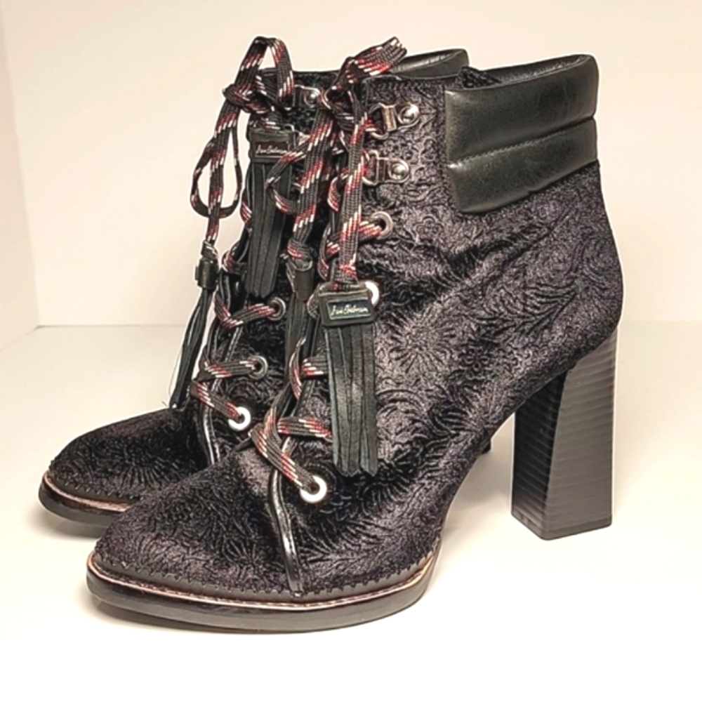 Sam Edelman Sondra Ankle Boots Booties Heels Shoe Lace-up Leather Black Velvet 8